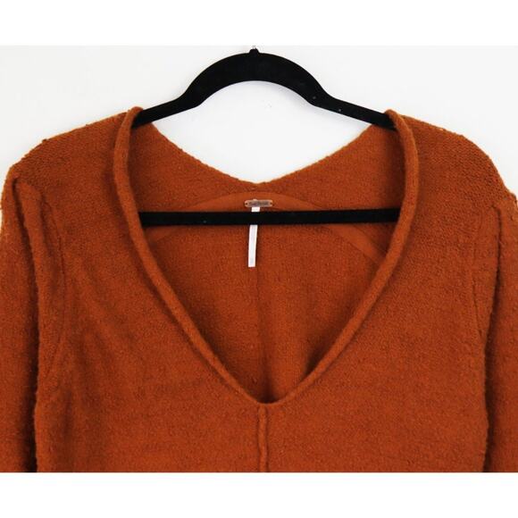 Free People Reverie V-Neck Rib Knit Sweater Balloon Sleeve Burnt Butter XS - Picture 6 of 10
